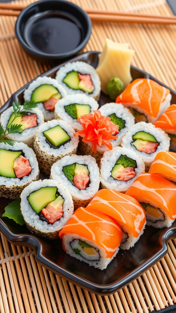 A colorful assortment of sushi rolls with avocado, cucumber, and salmon on a plate with soy sauce.